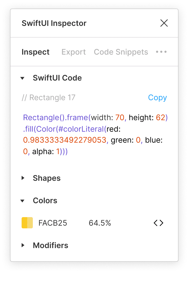 SwiftUI Inspector panel showing generated code and selected design properties