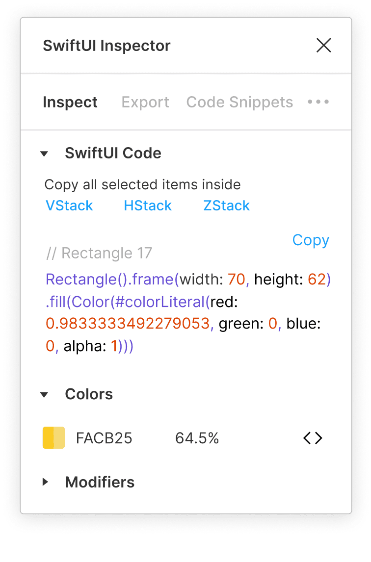 SwiftUI Inspector panel showing reusable SwiftUI snippets